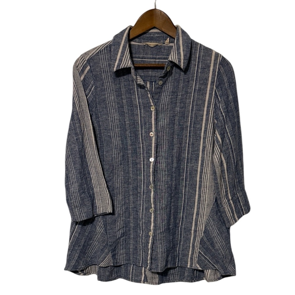 Soft Surroundings Livienne Button Down Linen Cotton Tunic Blue Stripe 3/4 Sleeve